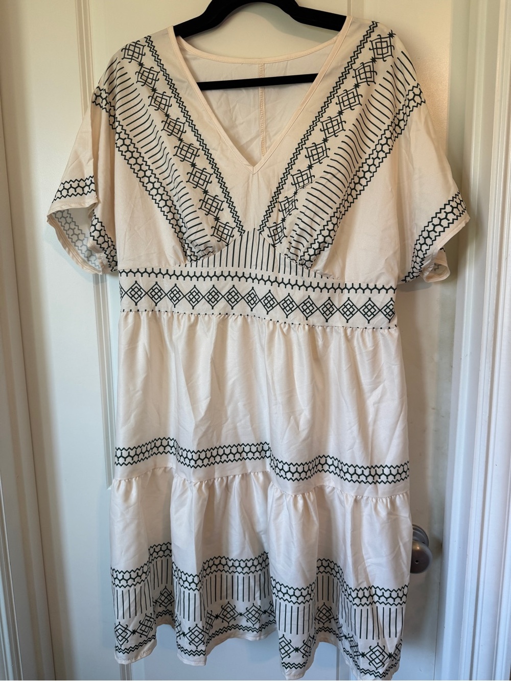 Source Unknown Cream Midi Dress with Black Embroidered Trim